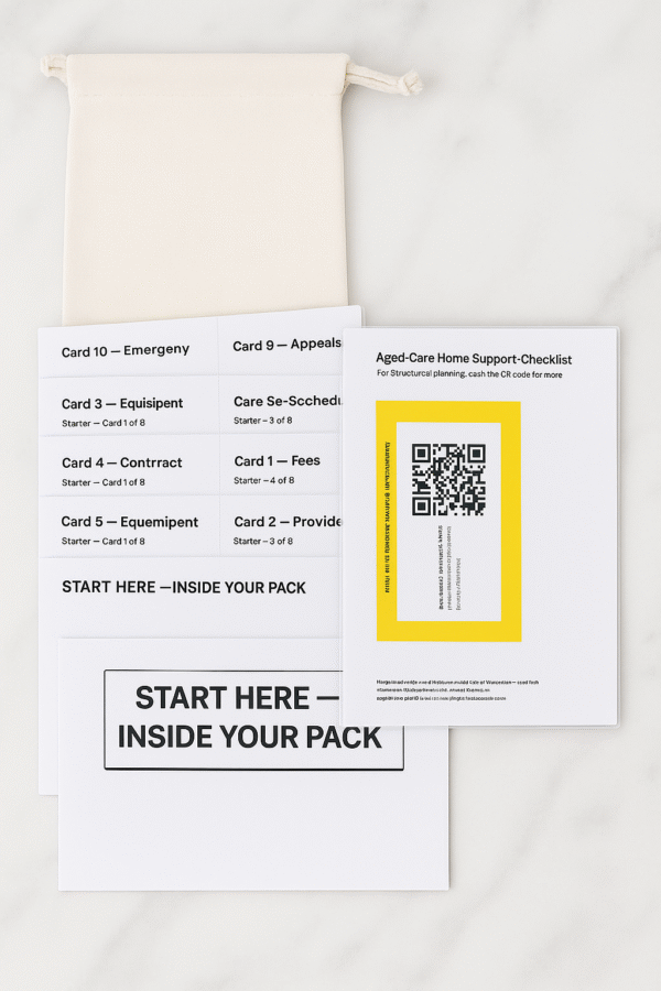Old Age Plan – 10-Card Aged Care Roadmap Starter Pack with calico bag and checklist
