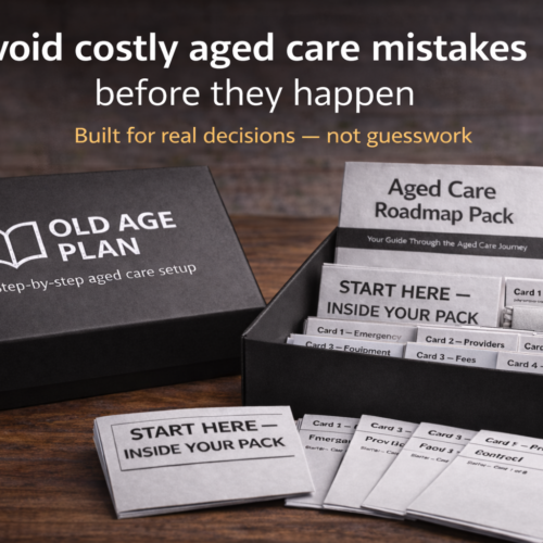 Old Age Plan – 10-Card Aged Care Roadmap Starter Pack with calico bag and checklist
