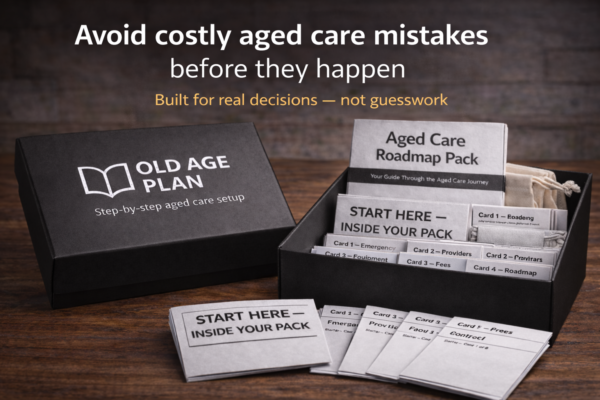 Old Age Plan – 10-Card Aged Care Roadmap Starter Pack with calico bag and checklist
