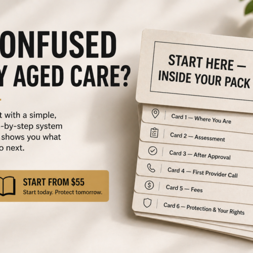 Old Age Plan Aged Care Starter Pack cards showing step-by-step guidance