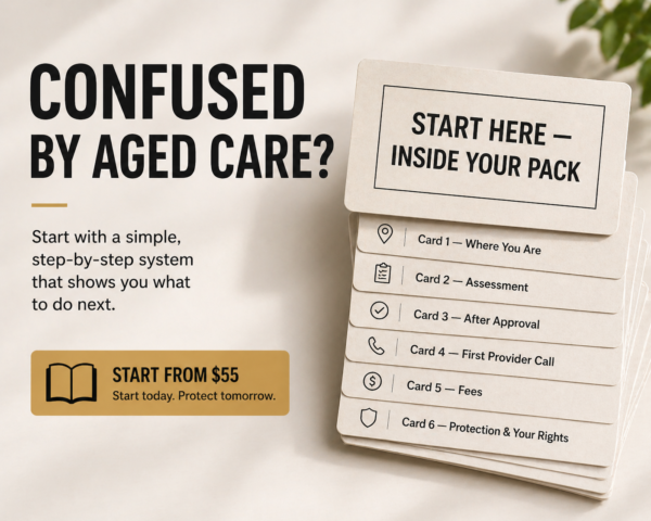 Old Age Plan Aged Care Starter Pack cards showing step-by-step guidance