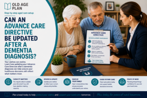 Older Australian couple discussing updating an Advance Care Directive after a dementia diagnosis with a healthcare professional