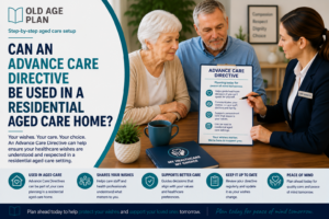 Older Australian resident and family discussing an Advance Care Directive with aged care staff in a residential aged care home