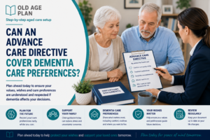 Older Australian couple discussing dementia care preferences and an Advance Care Directive with a healthcare professional