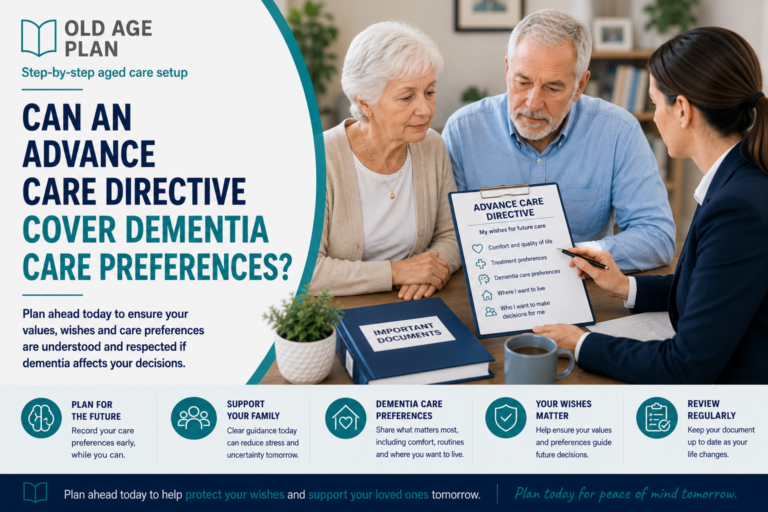 Older Australian couple discussing dementia care preferences and an Advance Care Directive with a healthcare professional