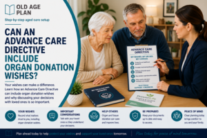 Older Australian couple discussing organ donation wishes and Advance Care Directive planning with a healthcare professional