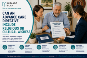Older Australian couple discussing religious and cultural wishes in an Advance Care Directive with a healthcare professional