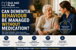 Can Dementia Behaviour Be Managed Without Medication cover image showing carer supporting older woman to represent non-drug dementia behaviour support