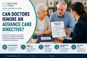 Australian doctor discussing an Advance Care Directive with an older couple during a healthcare planning meeting