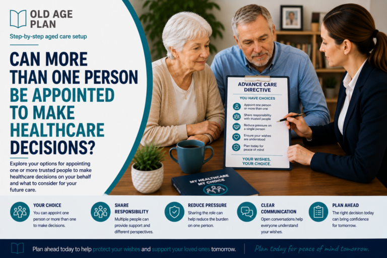 Older Australian couple discussing multiple healthcare decision-makers and future planning with a professional advisor