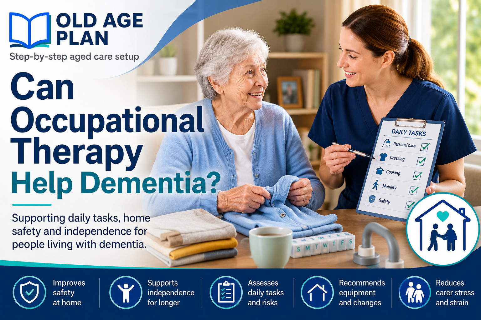 Can Occupational Therapy Help Dementia cover image showing occupational therapist helping older woman with daily tasks and home safety support