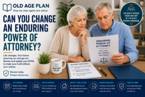 Older Australian couple reviewing enduring power of attorney documents and future planning arrangements