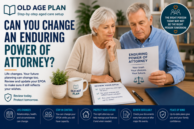 Older Australian couple reviewing enduring power of attorney documents and future planning arrangements