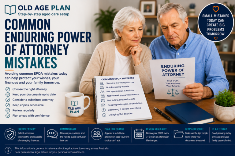 Older Australian couple reviewing Enduring Power of Attorney documents and discussing common EPOA mistakes