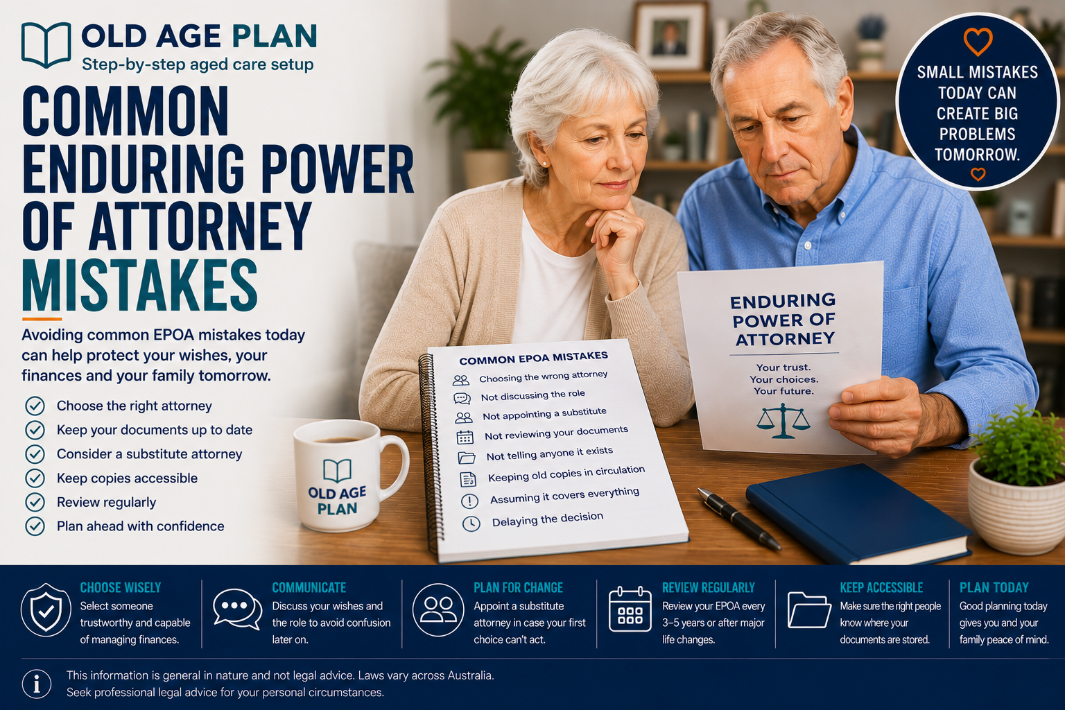 Older Australian couple reviewing Enduring Power of Attorney documents and discussing common EPOA mistakes