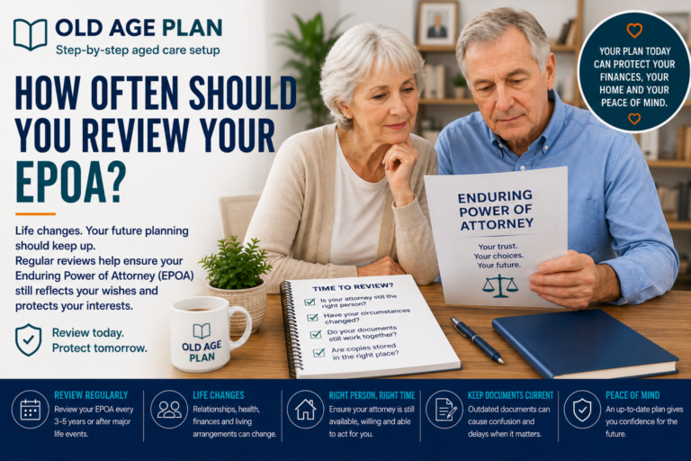 Older Australian couple reviewing Enduring Power of Attorney documents and future planning arrangements