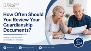 Older Australian couple reviewing guardianship documents and future planning paperwork