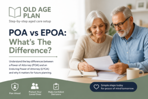 POA vs EPOA guide cover image showing an older couple reviewing documents while learning the difference between a Power of Attorney and an Enduring Power of Attorney.