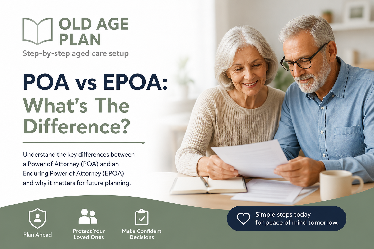 POA vs EPOA guide cover image showing an older couple reviewing documents while learning the difference between a Power of Attorney and an Enduring Power of Attorney.