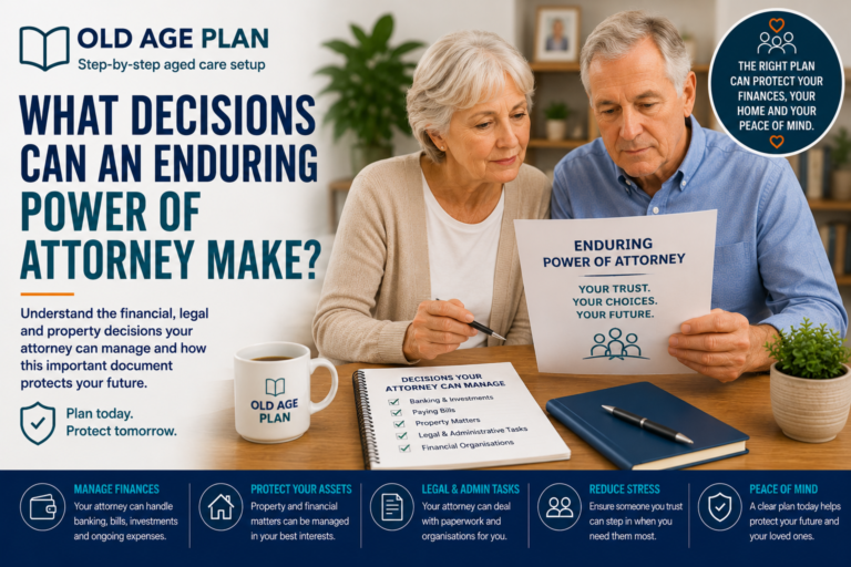 Older Australian couple reviewing enduring power of attorney documents and future planning arrangements