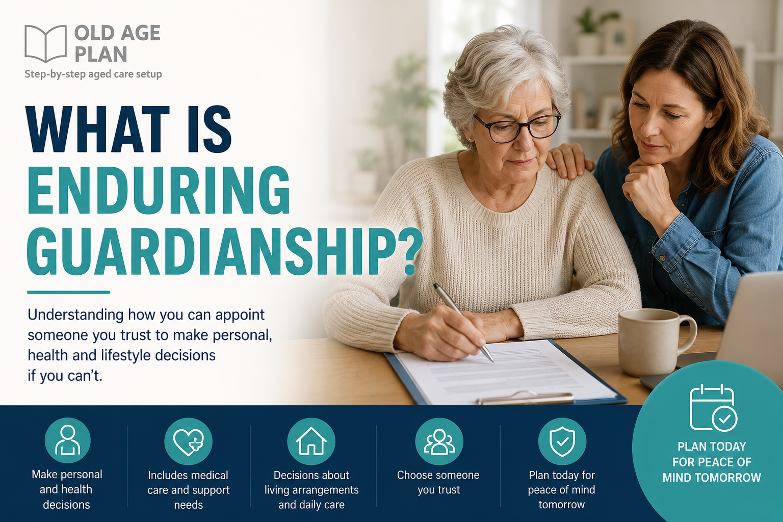 What Is Enduring Guardianship? Older woman completing paperwork with family support while planning future personal, health and lifestyle decisions.