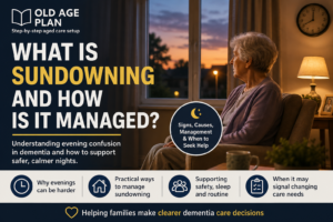 What Is Sundowning And How Is It Managed cover image showing older woman sitting by window at sunset representing evening confusion and dementia care support