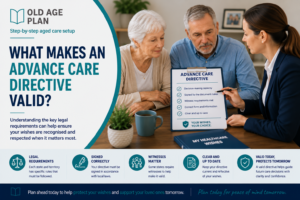 Older Australian couple reviewing and signing an Advance Care Directive with a professional advisor