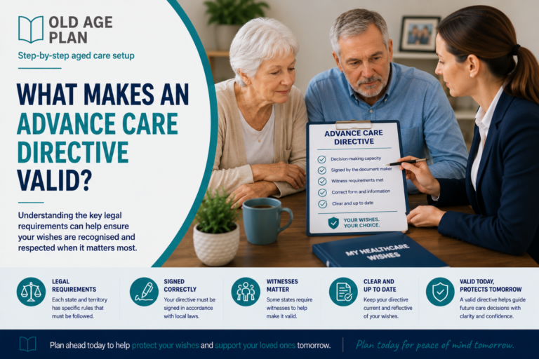 Older Australian couple reviewing and signing an Advance Care Directive with a professional advisor