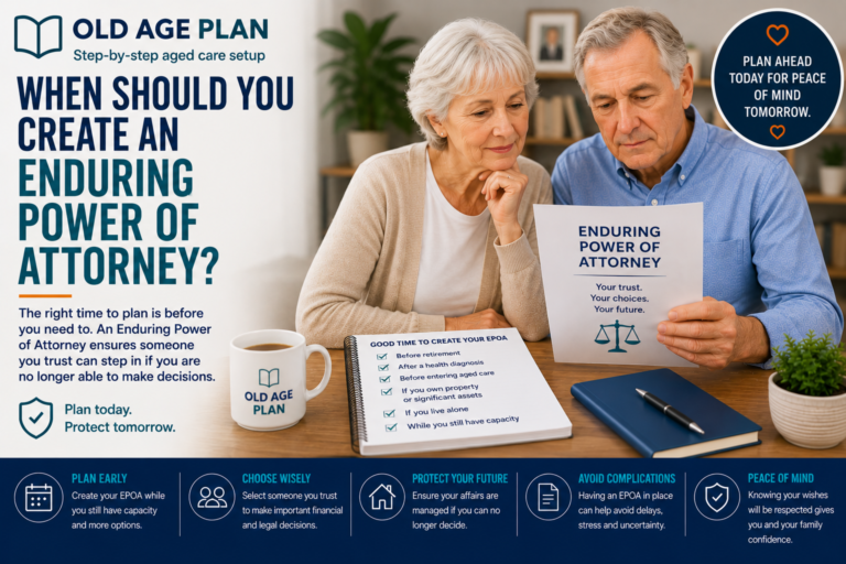 Older Australian couple reviewing Enduring Power of Attorney documents and future financial planning arrangements