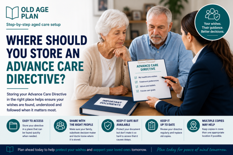 Older Australian woman reviewing an Advance Care Directive with a family member and discussing where important healthcare documents should be stored