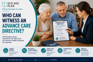 Older Australian couple discussing witness requirements for an Advance Care Directive with a professional advisor
