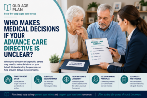 Older Australian couple discussing an unclear Advance Care Directive with a healthcare professional