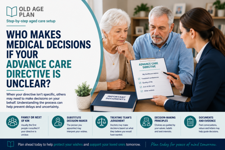 Older Australian couple discussing an unclear Advance Care Directive with a healthcare professional