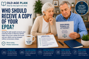 Older Australian couple reviewing Enduring Power of Attorney documents and discussing who should receive a copy of their EPOA