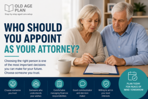 Who Should You Appoint As Your Attorney? Older couple reviewing legal documents while choosing a trusted person for future planning and Enduring Power of Attorney decisions.