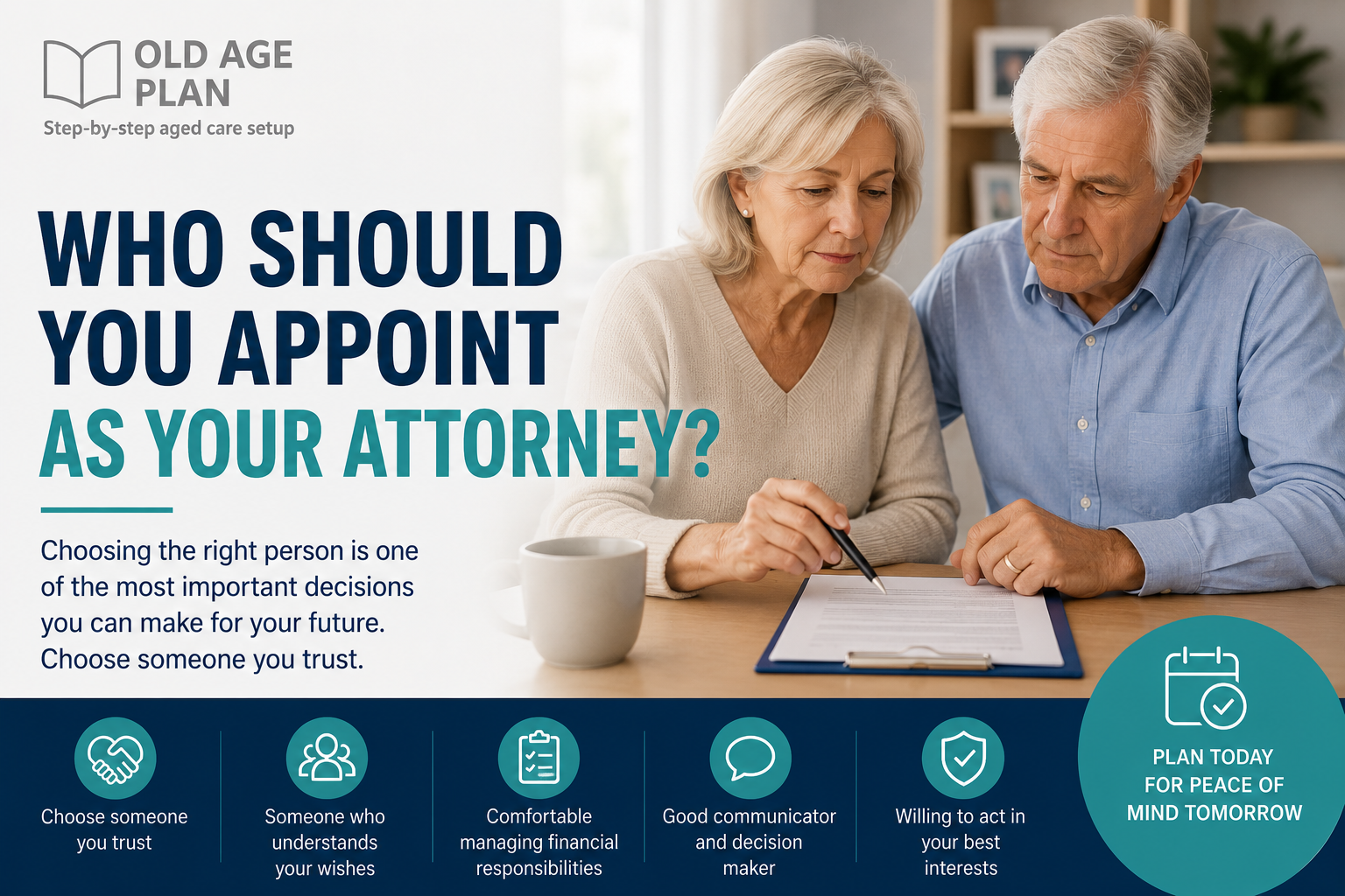 Who Should You Appoint As Your Attorney? Older couple reviewing legal documents while choosing a trusted person for future planning and Enduring Power of Attorney decisions.