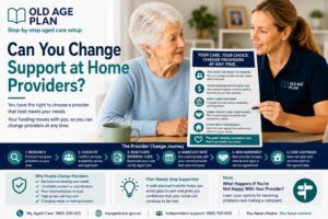 Older Australian discussing changing Support at Home providers with an aged care worker