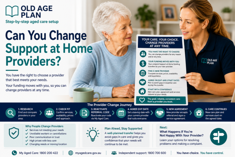 Older Australian discussing changing Support at Home providers with an aged care worker