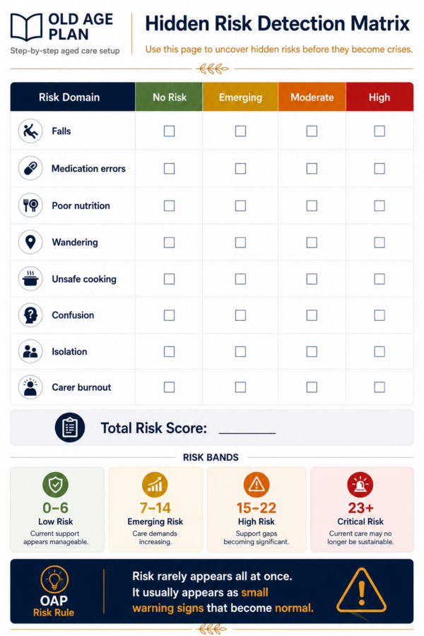 Hidden risk detection matrix worksheet for aged care assessment preparation