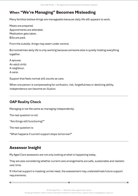 Decision reality check worksheet showing hidden caregiver support risks before aged care assessment