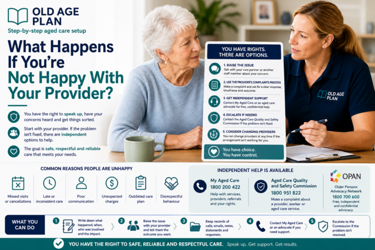 Older Australian discussing concerns with a Support at Home provider during an aged care meeting