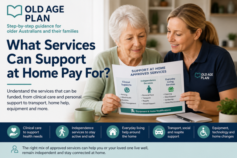 Older Australian reviewing approved Support at Home services with an aged care worker