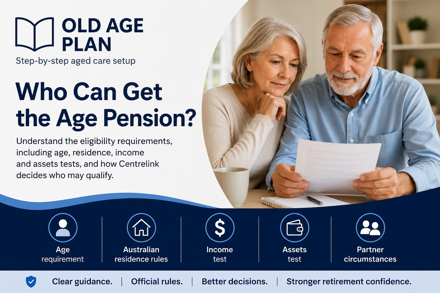 Older Australian couple reviewing Age Pension eligibility information together